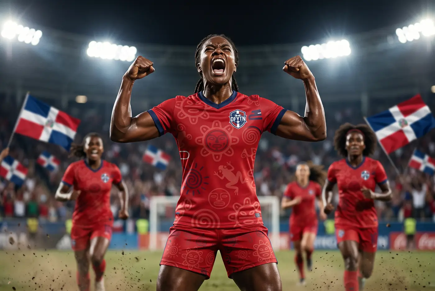 DYFN player celebrating with Dominican flags waving