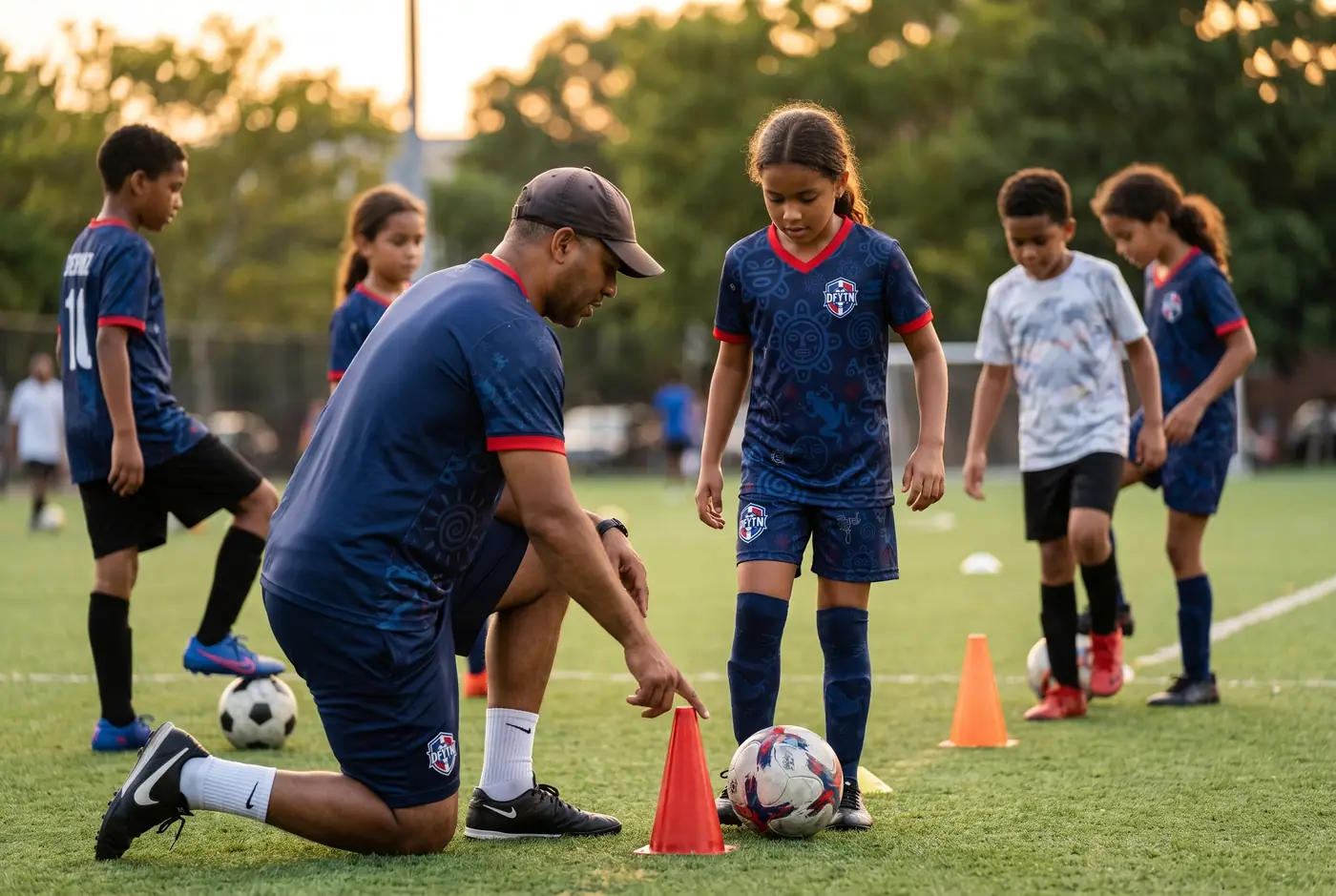 DYFN coach teaching young players in a cone drill
