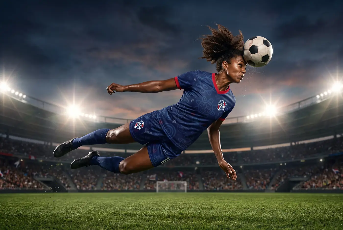 DYFN player scoring a diving header under stadium lights